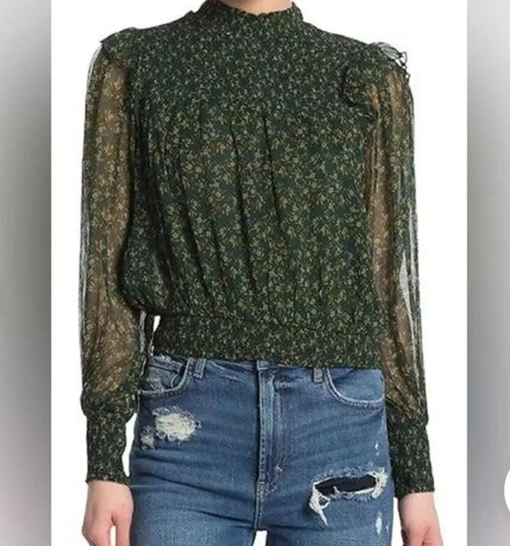 Free People Sz XS Floral Roma Blouse in Forest Green Romantic Feminine Top
